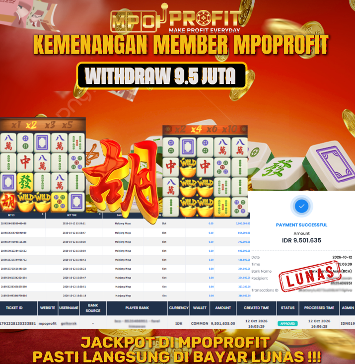 MPOPROFIT JACKPOT PG SOFT! KEMENANGAN MURNI DI (MAHJONG WAYS TOTAL 9.500.000,- LUNAS)